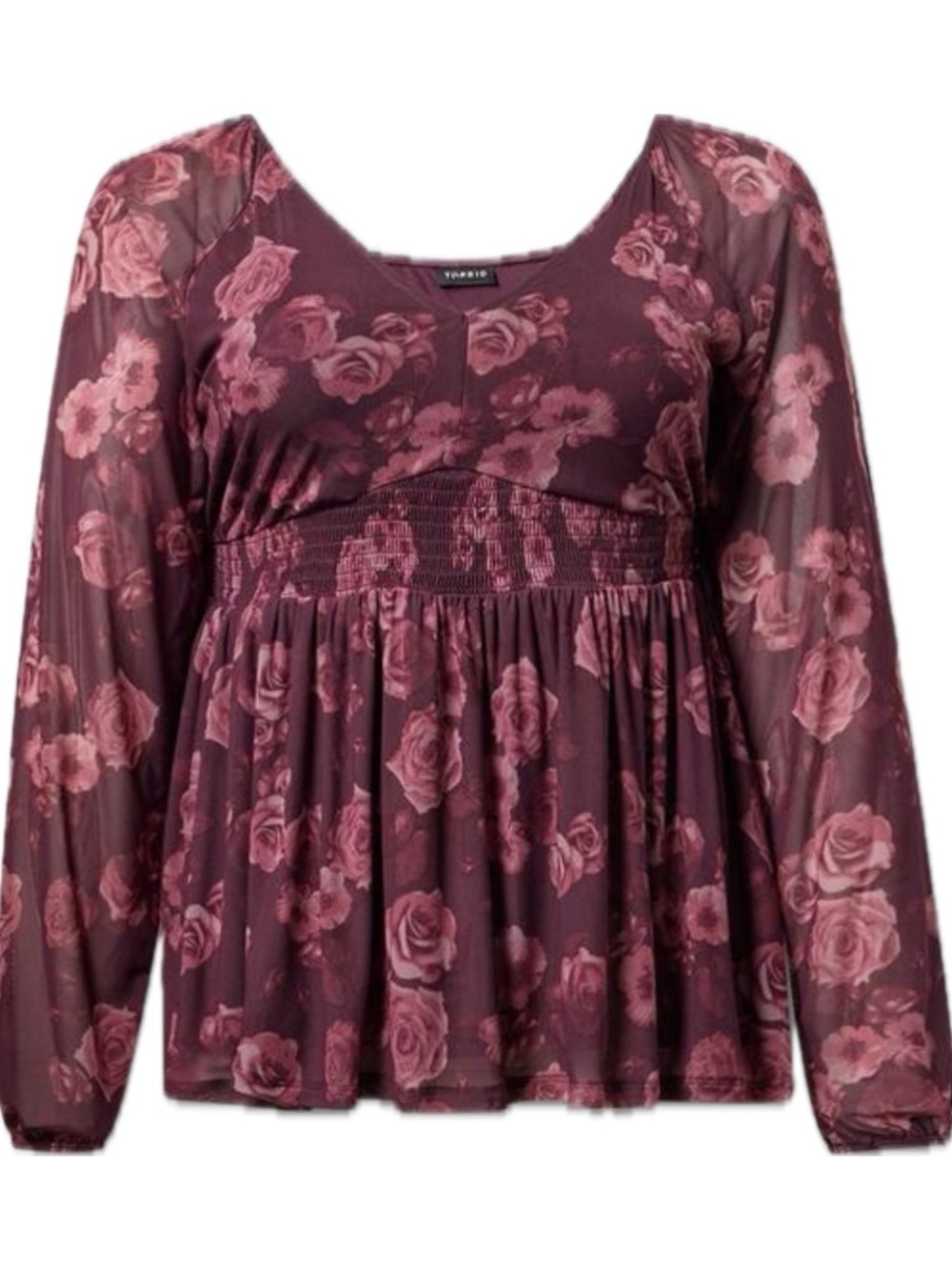 New with tags! torrid burgundy Rose Smocked Empire Floral Peasant Top